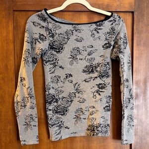 Free People Black and Gray Floral Long Sleeve Top
